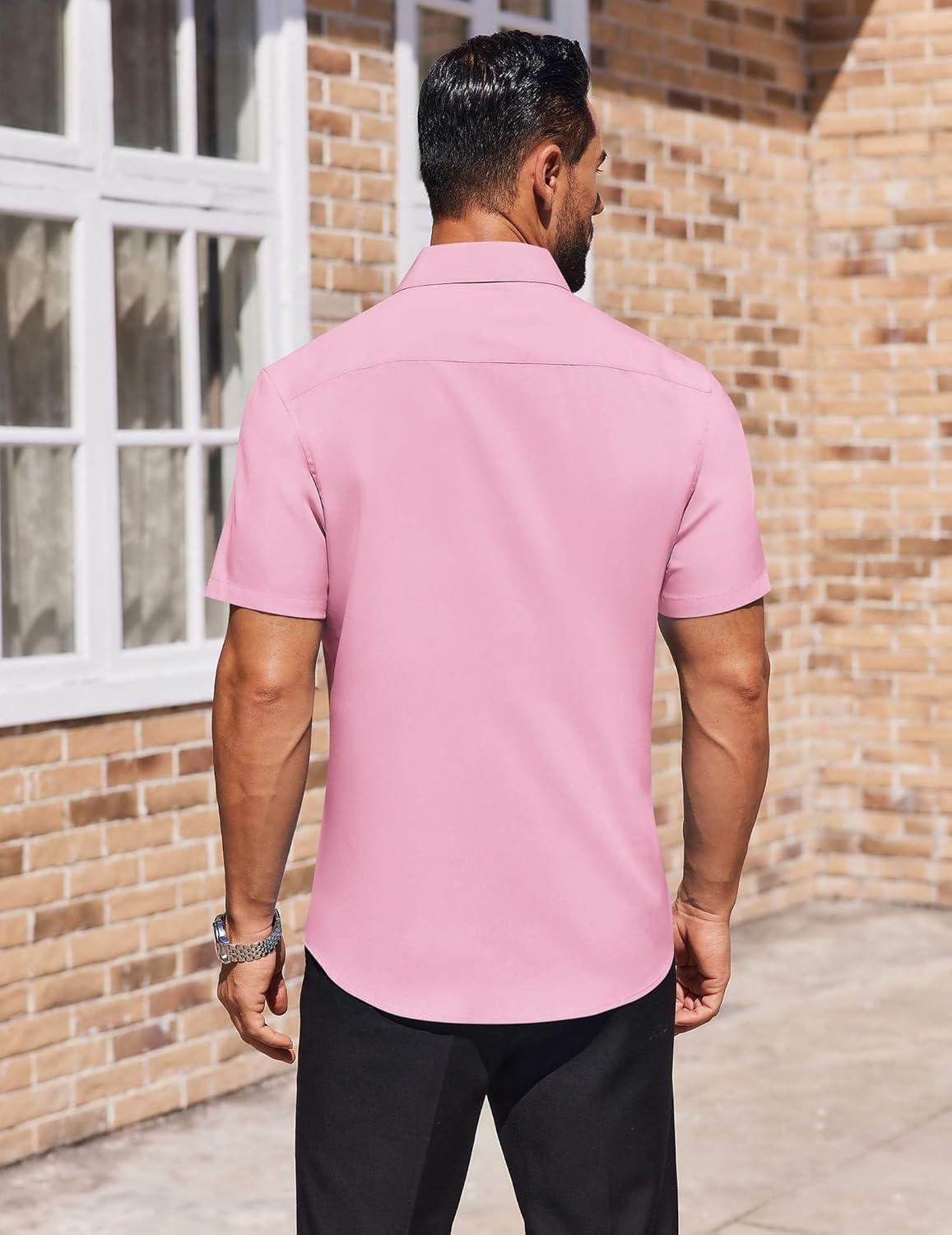 imageCOOFANDY Mens Short Sleeve Button Down Shirts Lightweight Stain Shield Business Casual Dress Shirt Wrinkle FreePink