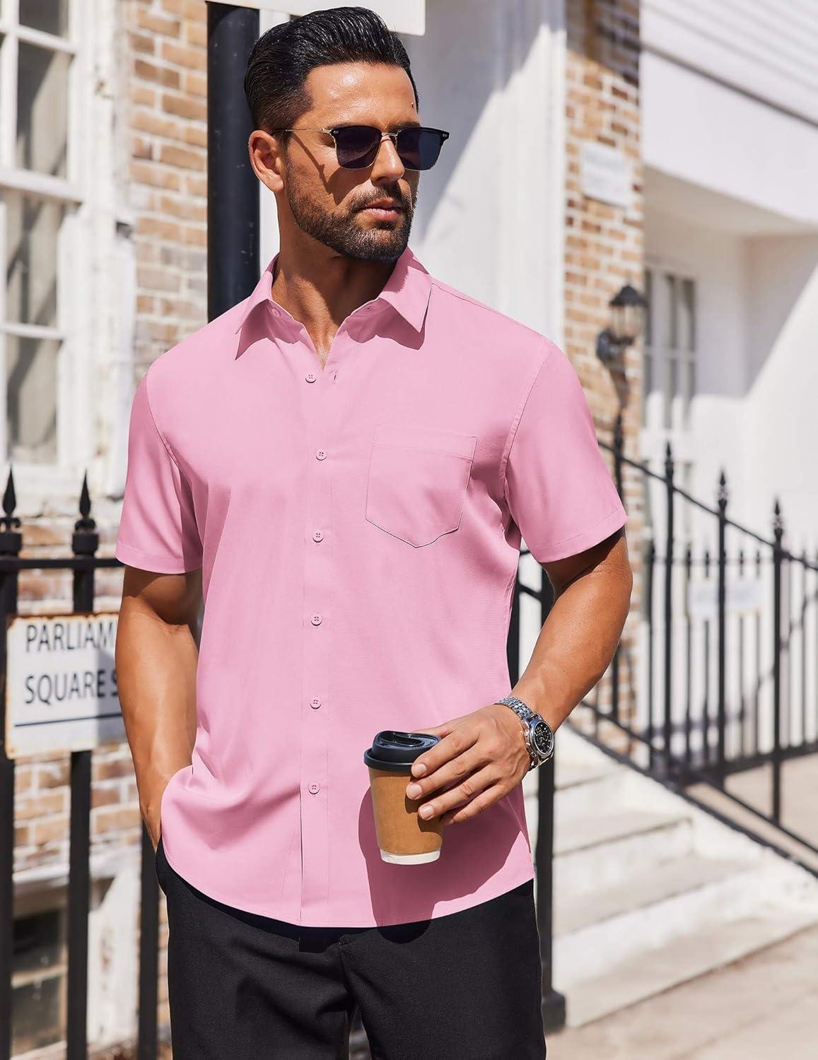 imageCOOFANDY Mens Short Sleeve Button Down Shirts Lightweight Stain Shield Business Casual Dress Shirt Wrinkle FreePink
