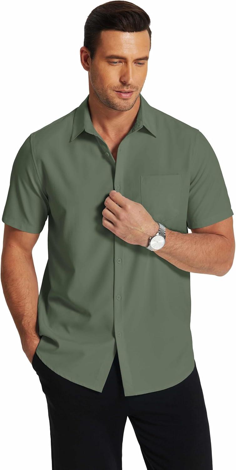 imageCOOFANDY Mens Short Sleeve Dress Shirts Wrinkle Free Regular Fit Dress Shirt Textured Casual Button Down ShirtsArmy Green