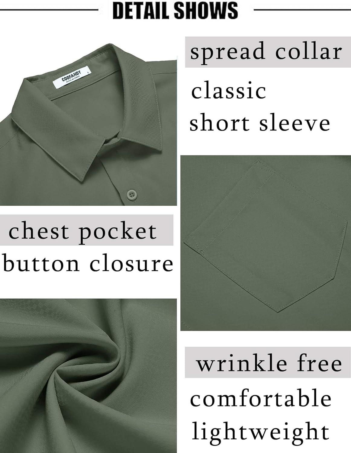 imageCOOFANDY Mens Short Sleeve Dress Shirts Wrinkle Free Regular Fit Dress Shirt Textured Casual Button Down ShirtsArmy Green