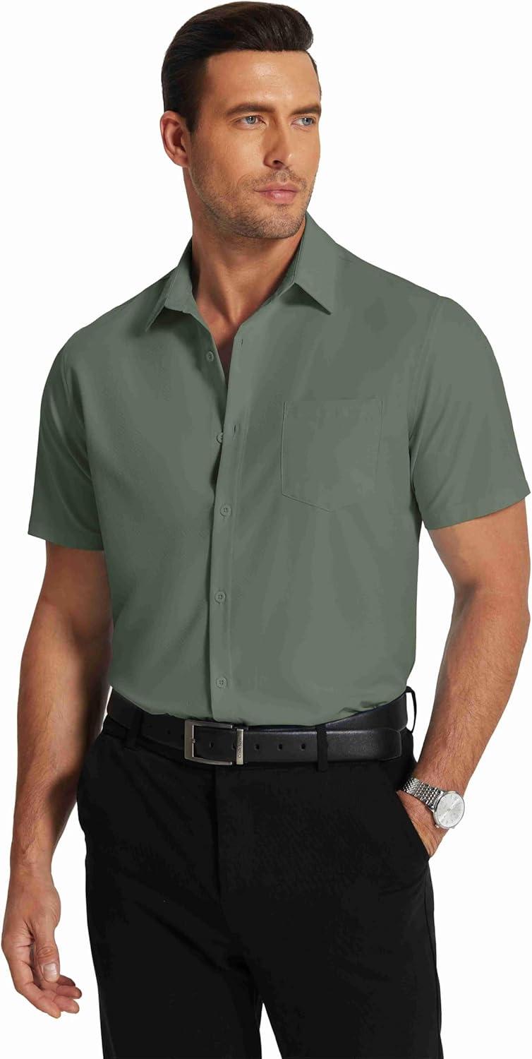 imageCOOFANDY Mens Short Sleeve Dress Shirts Wrinkle Free Regular Fit Dress Shirt Textured Casual Button Down ShirtsArmy Green
