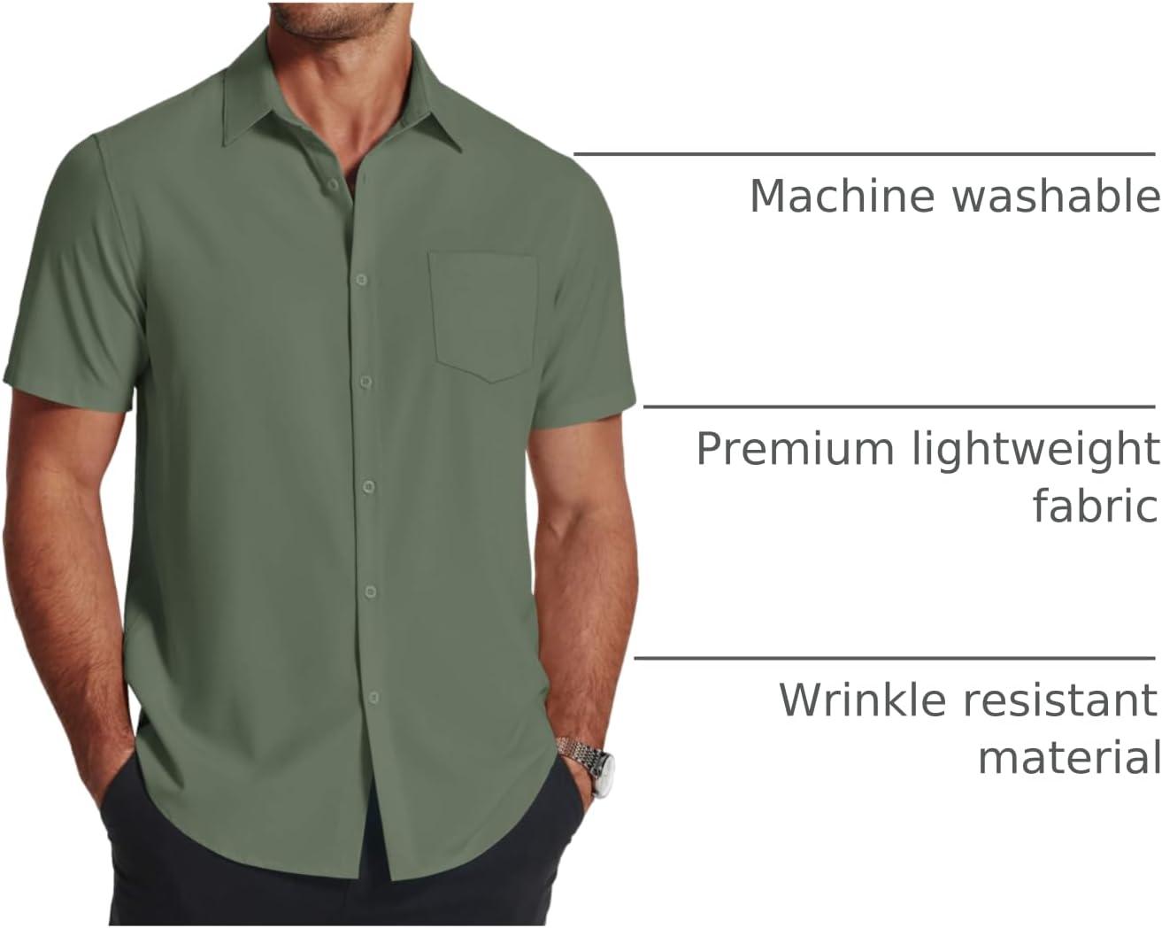 imageCOOFANDY Mens Short Sleeve Dress Shirts Wrinkle Free Regular Fit Dress Shirt Textured Casual Button Down ShirtsArmy Green