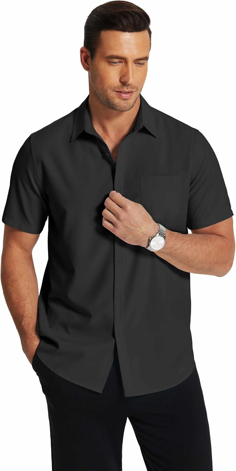 imageCOOFANDY Mens Short Sleeve Dress Shirts Wrinkle Free Regular Fit Dress Shirt Textured Casual Button Down ShirtsBlack