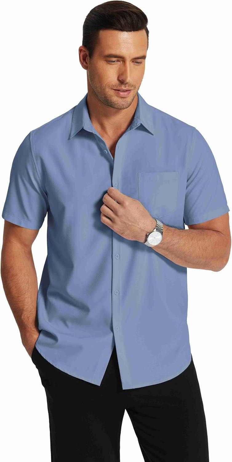 imageCOOFANDY Mens Short Sleeve Dress Shirts Wrinkle Free Regular Fit Dress Shirt Textured Casual Button Down ShirtsBlue
