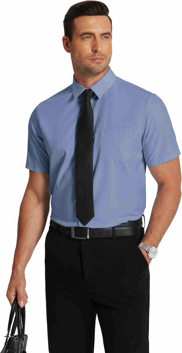 imageCOOFANDY Mens Short Sleeve Dress Shirts Wrinkle Free Regular Fit Dress Shirt Textured Casual Button Down ShirtsBlue