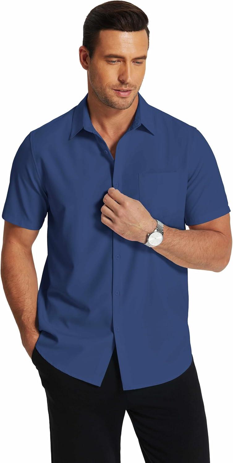 imageCOOFANDY Mens Short Sleeve Dress Shirts Wrinkle Free Regular Fit Dress Shirt Textured Casual Button Down ShirtsDeep Blue