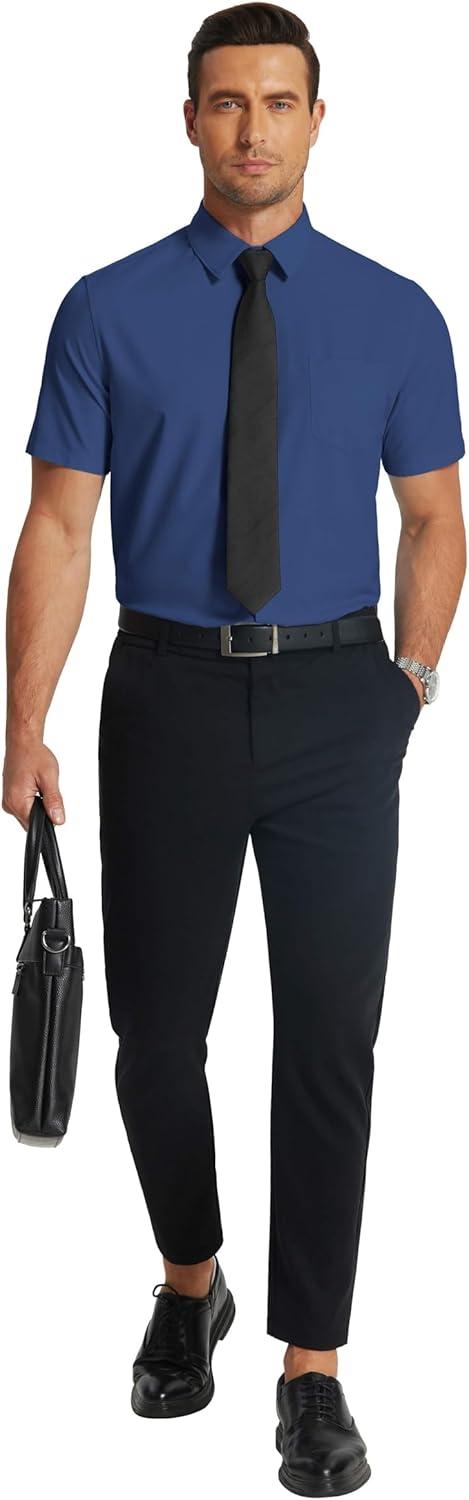 imageCOOFANDY Mens Short Sleeve Dress Shirts Wrinkle Free Regular Fit Dress Shirt Textured Casual Button Down ShirtsDeep Blue