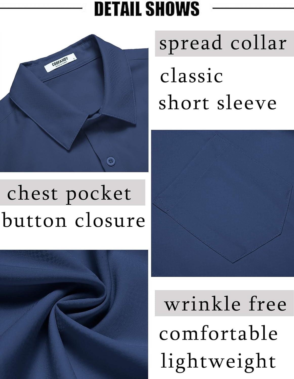 imageCOOFANDY Mens Short Sleeve Dress Shirts Wrinkle Free Regular Fit Dress Shirt Textured Casual Button Down ShirtsDeep Blue