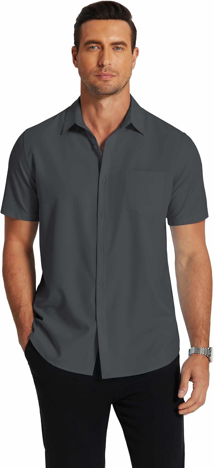 imageCOOFANDY Mens Short Sleeve Dress Shirts Wrinkle Free Regular Fit Dress Shirt Textured Casual Button Down ShirtsGrey