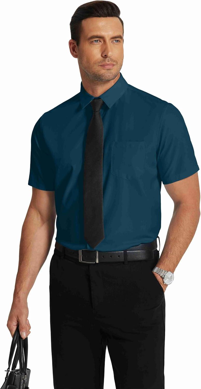 imageCOOFANDY Mens Short Sleeve Dress Shirts Wrinkle Free Regular Fit Dress Shirt Textured Casual Button Down ShirtsLake Blue