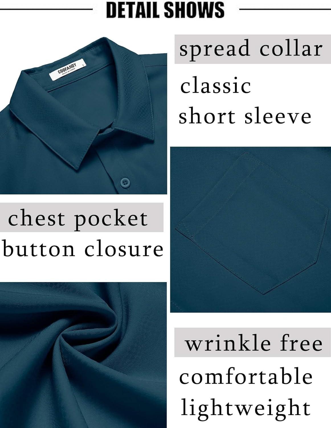 imageCOOFANDY Mens Short Sleeve Dress Shirts Wrinkle Free Regular Fit Dress Shirt Textured Casual Button Down ShirtsLake Blue