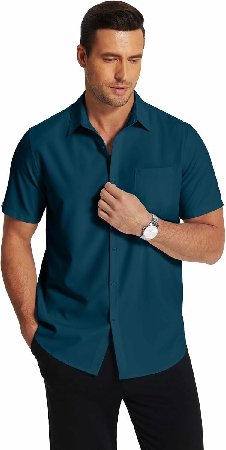 imageCOOFANDY Mens Short Sleeve Dress Shirts Wrinkle Free Regular Fit Dress Shirt Textured Casual Button Down ShirtsLake Blue