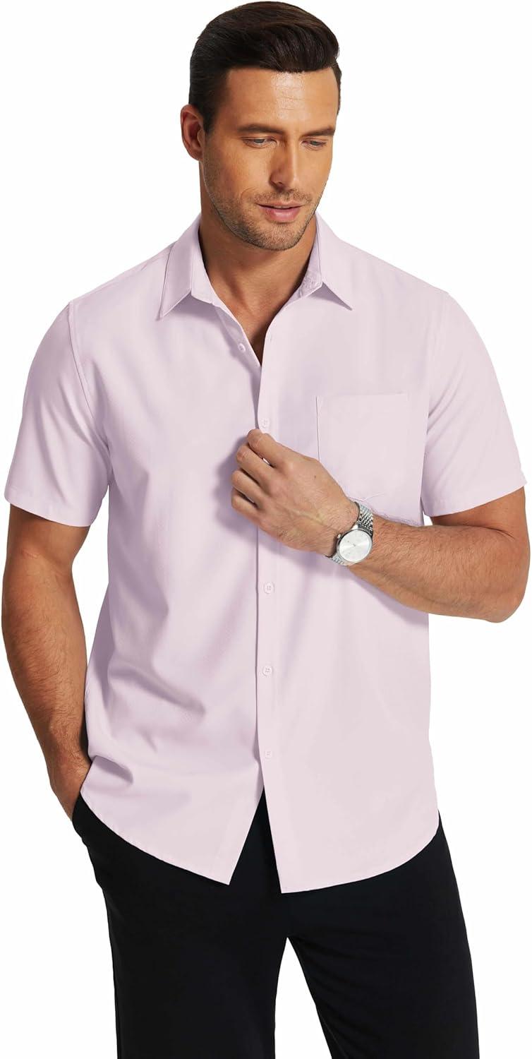 imageCOOFANDY Mens Short Sleeve Dress Shirts Wrinkle Free Regular Fit Dress Shirt Textured Casual Button Down ShirtsLavender