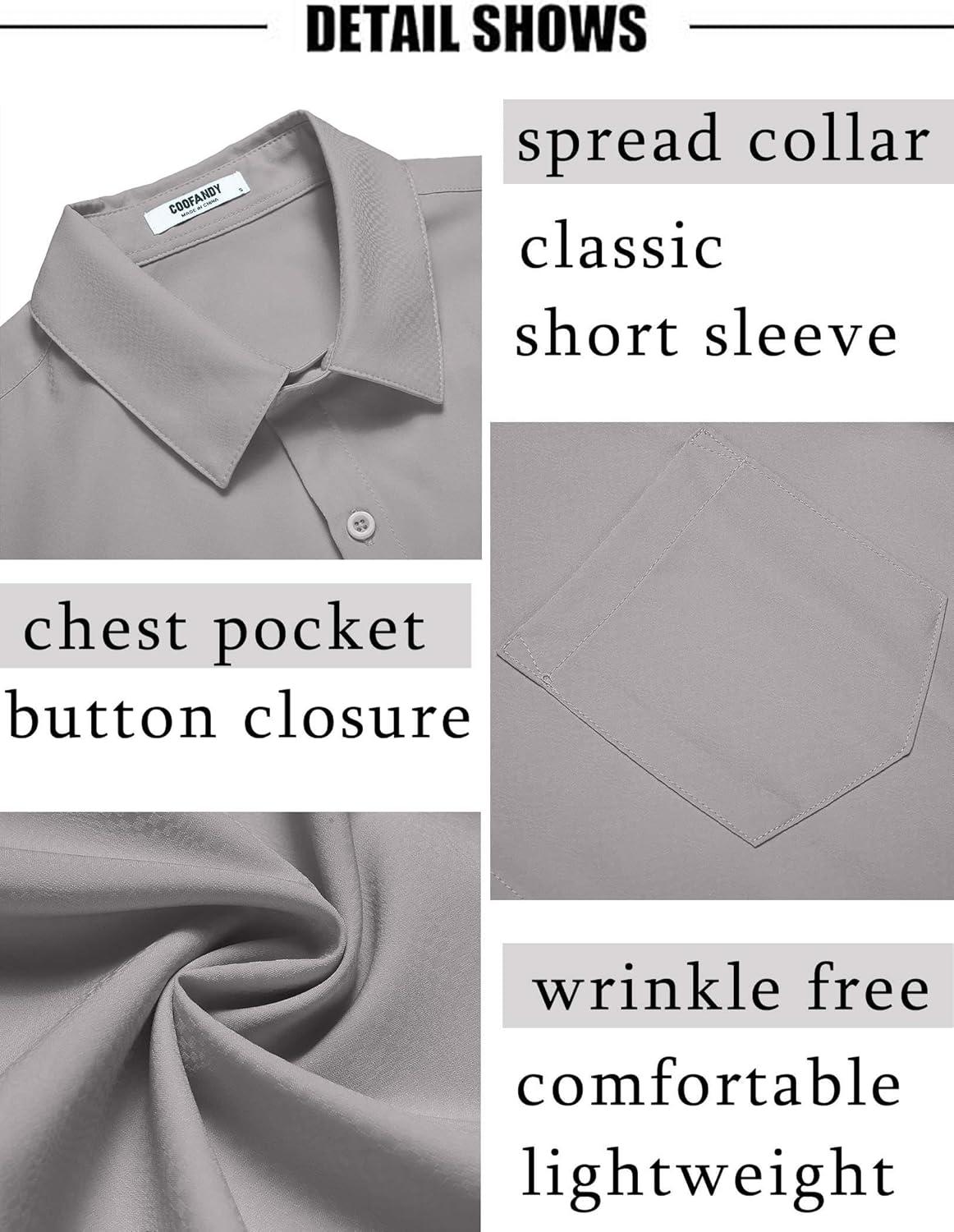 imageCOOFANDY Mens Short Sleeve Dress Shirts Wrinkle Free Regular Fit Dress Shirt Textured Casual Button Down ShirtsLight Grey
