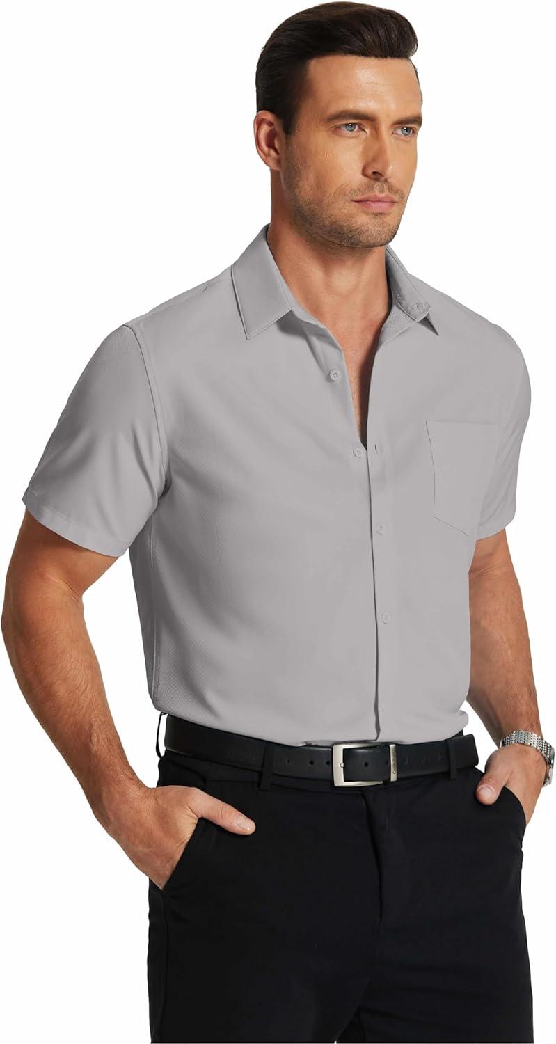 imageCOOFANDY Mens Short Sleeve Dress Shirts Wrinkle Free Regular Fit Dress Shirt Textured Casual Button Down ShirtsLight Grey