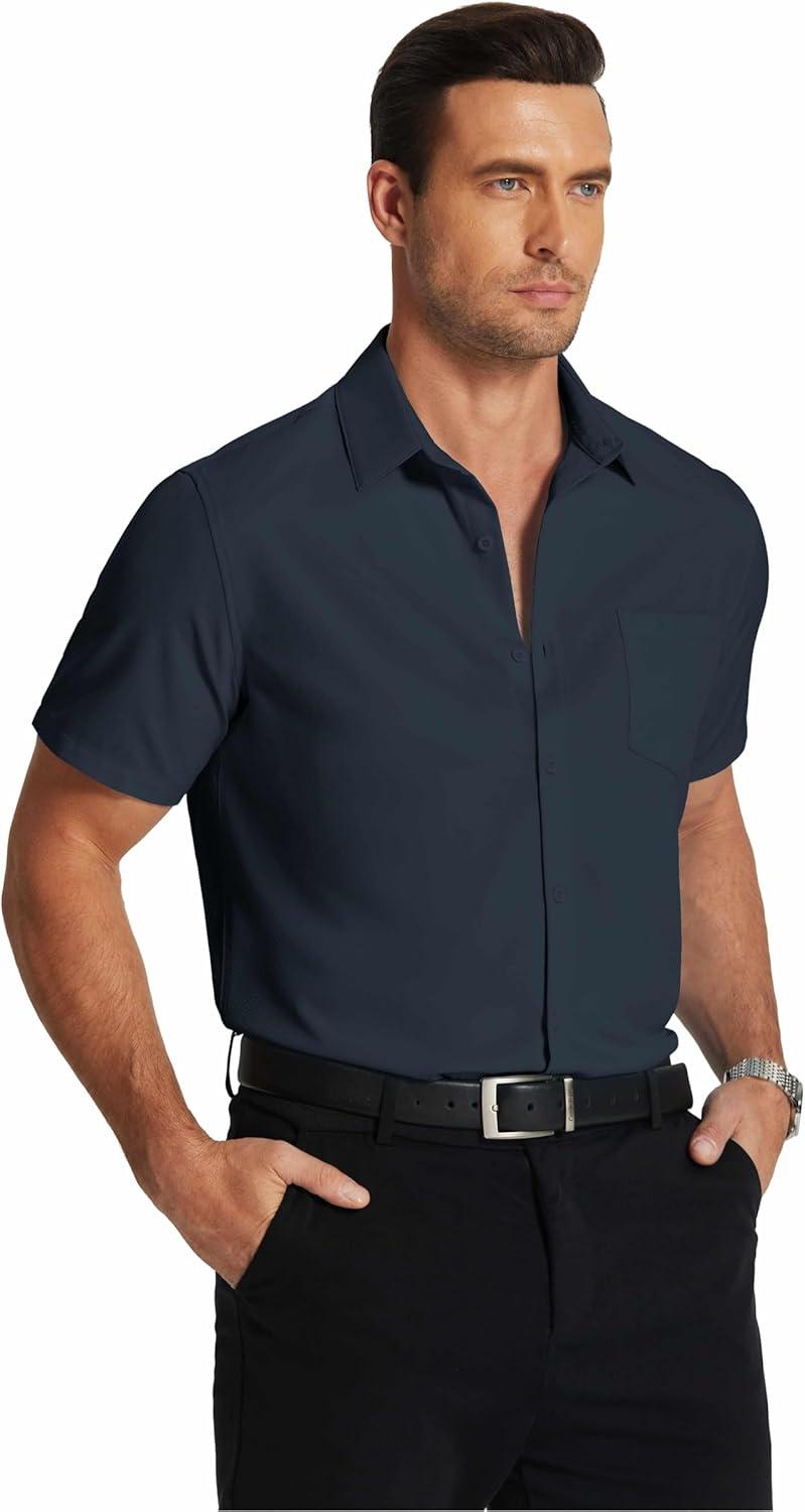 imageCOOFANDY Mens Short Sleeve Dress Shirts Wrinkle Free Regular Fit Dress Shirt Textured Casual Button Down ShirtsNavy Blue