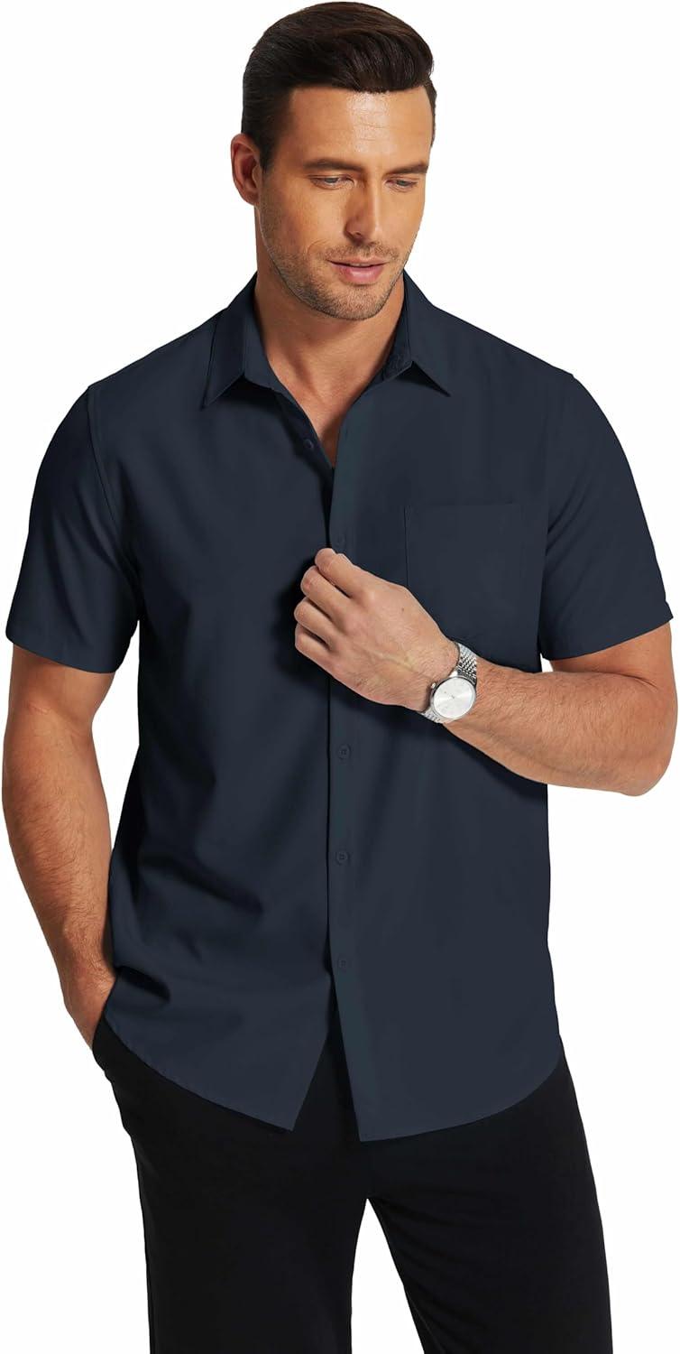imageCOOFANDY Mens Short Sleeve Dress Shirts Wrinkle Free Regular Fit Dress Shirt Textured Casual Button Down ShirtsNavy Blue