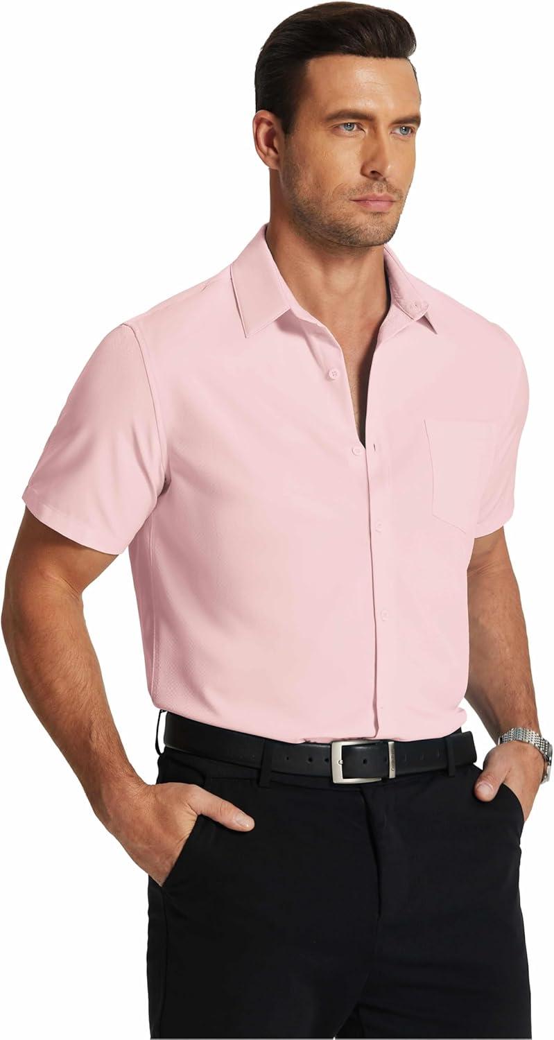 imageCOOFANDY Mens Short Sleeve Dress Shirts Wrinkle Free Regular Fit Dress Shirt Textured Casual Button Down ShirtsPink