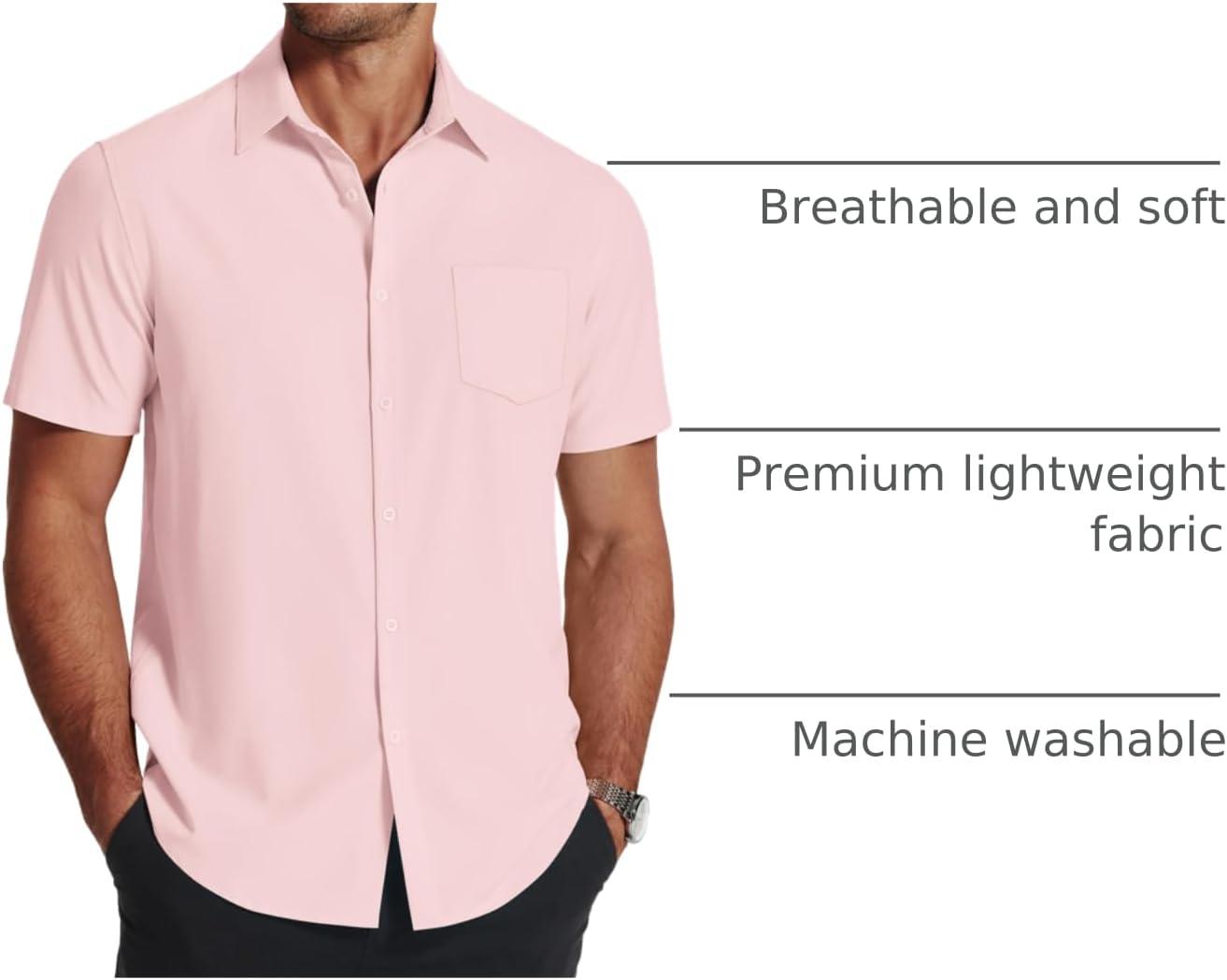 imageCOOFANDY Mens Short Sleeve Dress Shirts Wrinkle Free Regular Fit Dress Shirt Textured Casual Button Down ShirtsPink