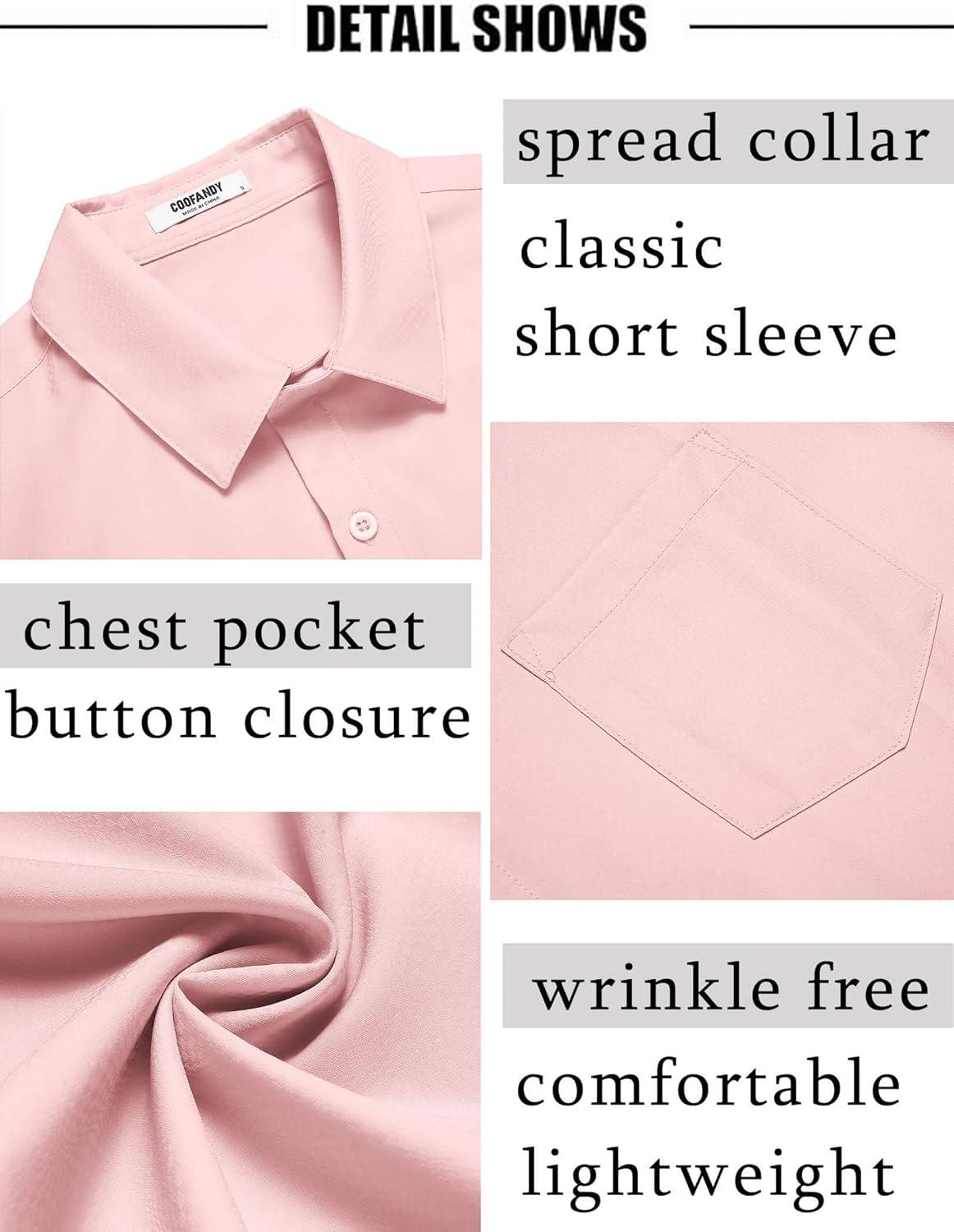 imageCOOFANDY Mens Short Sleeve Dress Shirts Wrinkle Free Regular Fit Dress Shirt Textured Casual Button Down ShirtsPink