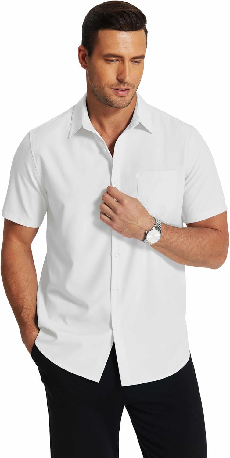 imageCOOFANDY Mens Short Sleeve Dress Shirts Wrinkle Free Regular Fit Dress Shirt Textured Casual Button Down ShirtsWhite