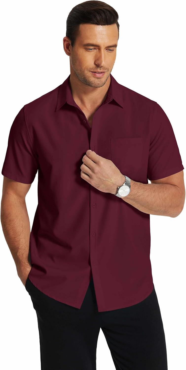 imageCOOFANDY Mens Short Sleeve Dress Shirts Wrinkle Free Regular Fit Dress Shirt Textured Casual Button Down ShirtsWine Red
