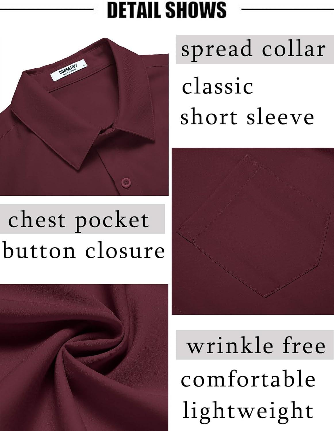 imageCOOFANDY Mens Short Sleeve Dress Shirts Wrinkle Free Regular Fit Dress Shirt Textured Casual Button Down ShirtsWine Red