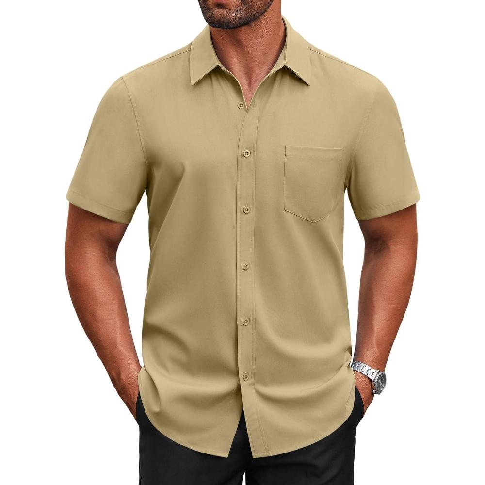 imageCOOFANDY Mens Button Down Shirt Short Sleeve Dress Shirt Office Business Dress Shirt Khaki