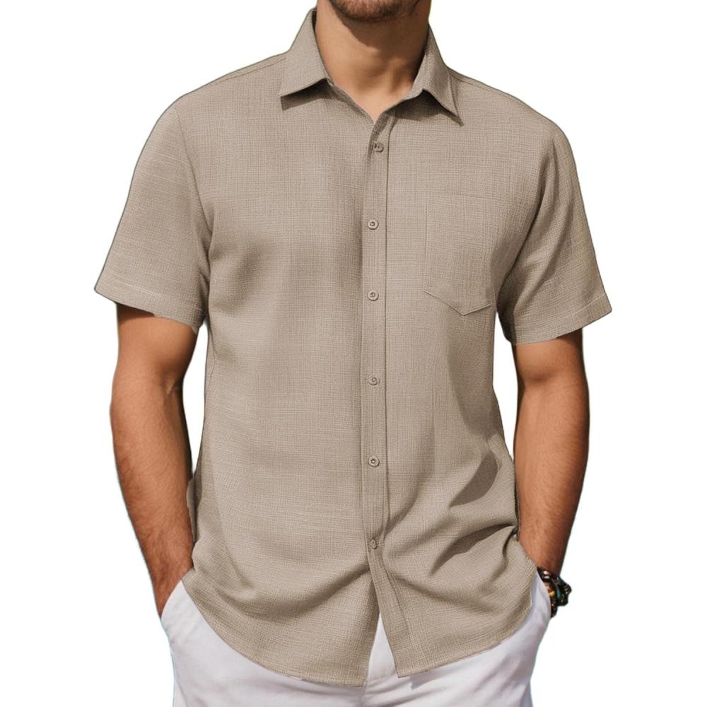 imageCOOFANDY Mens Button Down Short Sleeve Shirt Casual Textured Shirts Summer Beach Shirts with PocketKhaki