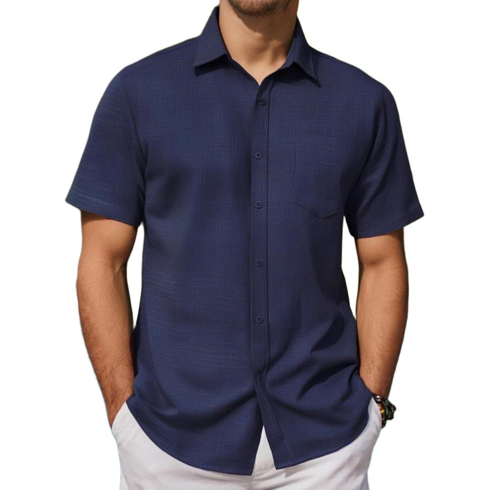 imageCOOFANDY Mens Button Down Short Sleeve Shirt Casual Textured Shirts Summer Beach Shirts with PocketNavy Blue
