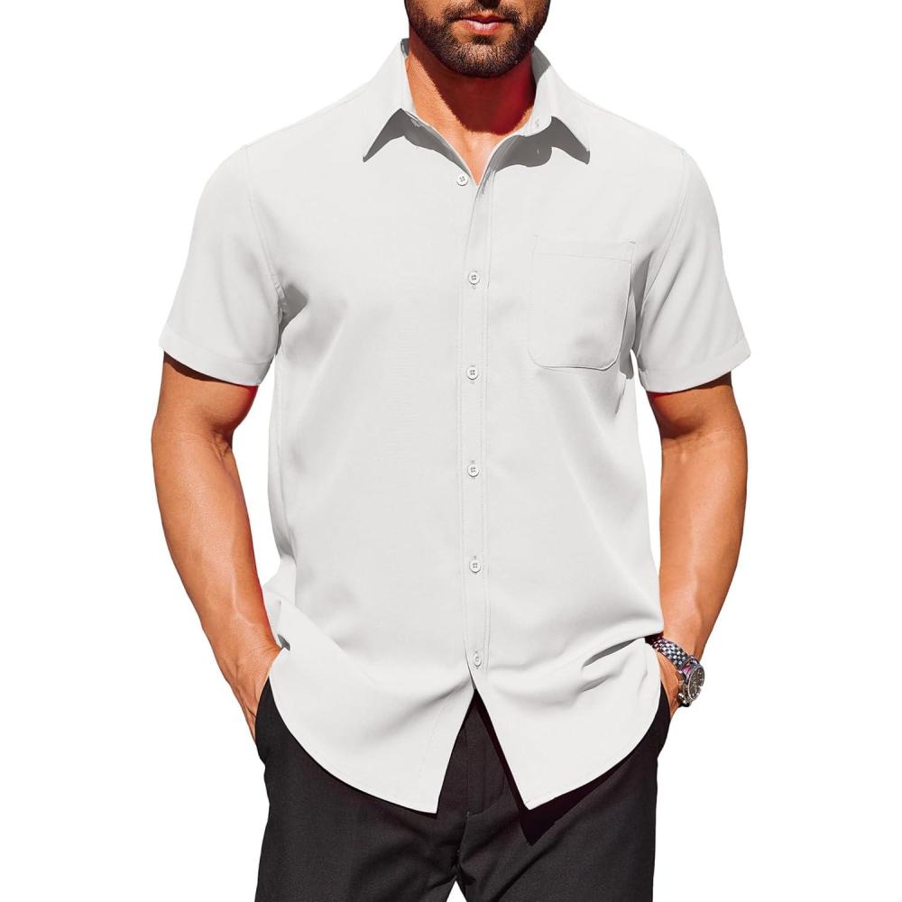 imageCOOFANDY Mens Button Down Short Sleeve Shirt Wrinkle Free Dress Shirts Stretch Casual Untucked Shirts White