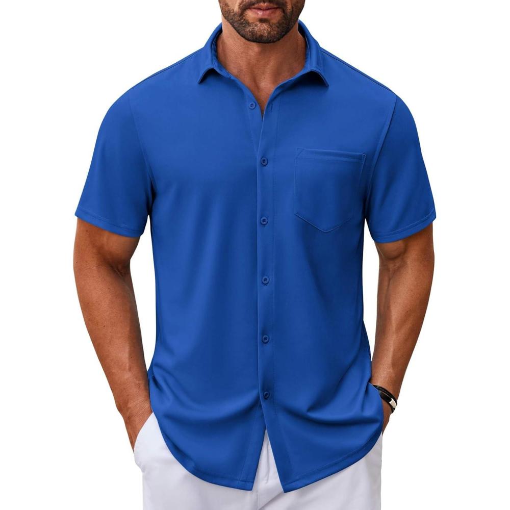 imageCOOFANDY Mens Casual Button Down Shirt Untucked Short Sleeve Strech Wrinkle Free Dress ShirtsBlue