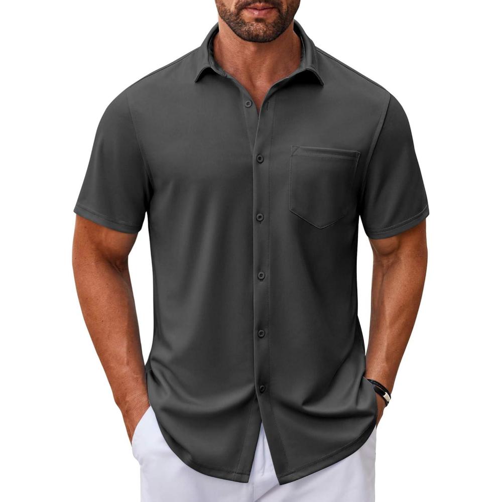 imageCOOFANDY Mens Casual Button Down Shirt Untucked Short Sleeve Strech Wrinkle Free Dress ShirtsDeep Grey
