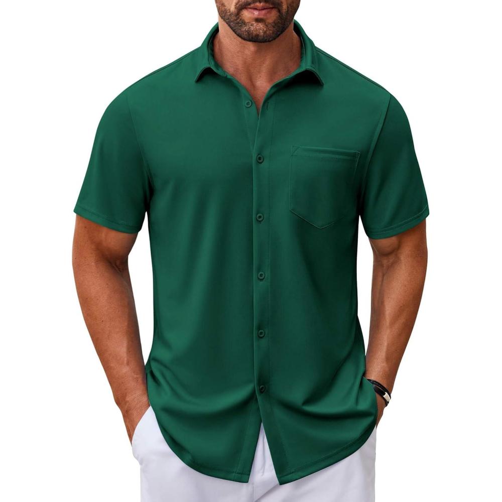 imageCOOFANDY Mens Casual Button Down Shirt Untucked Short Sleeve Strech Wrinkle Free Dress ShirtsEvergreen