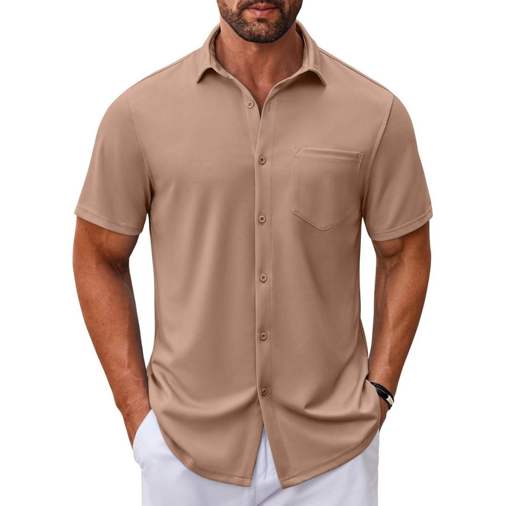 imageCOOFANDY Mens Casual Button Down Shirt Untucked Short Sleeve Strech Wrinkle Free Dress ShirtsKhaki