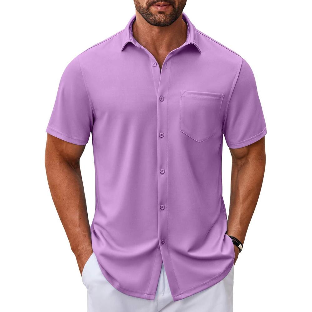 imageCOOFANDY Mens Casual Button Down Shirt Untucked Short Sleeve Strech Wrinkle Free Dress ShirtsLavender