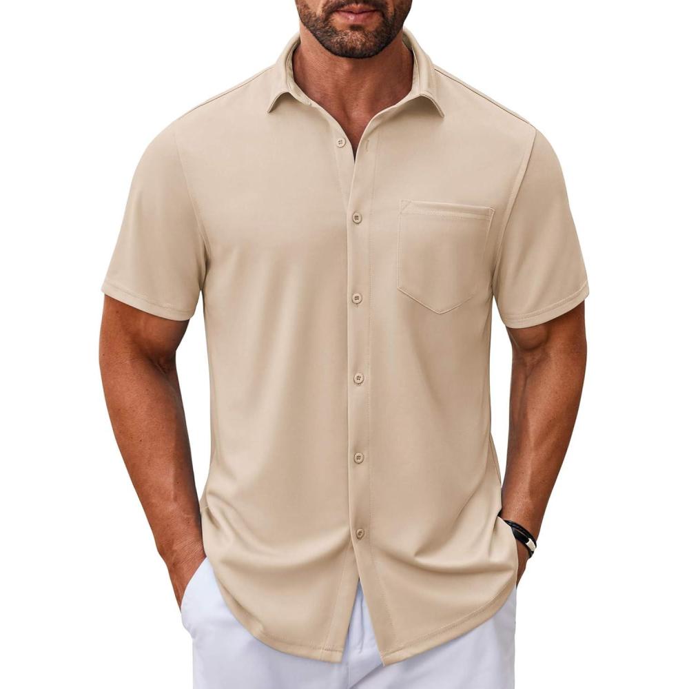 imageCOOFANDY Mens Casual Button Down Shirt Untucked Short Sleeve Strech Wrinkle Free Dress ShirtsLight Khaki