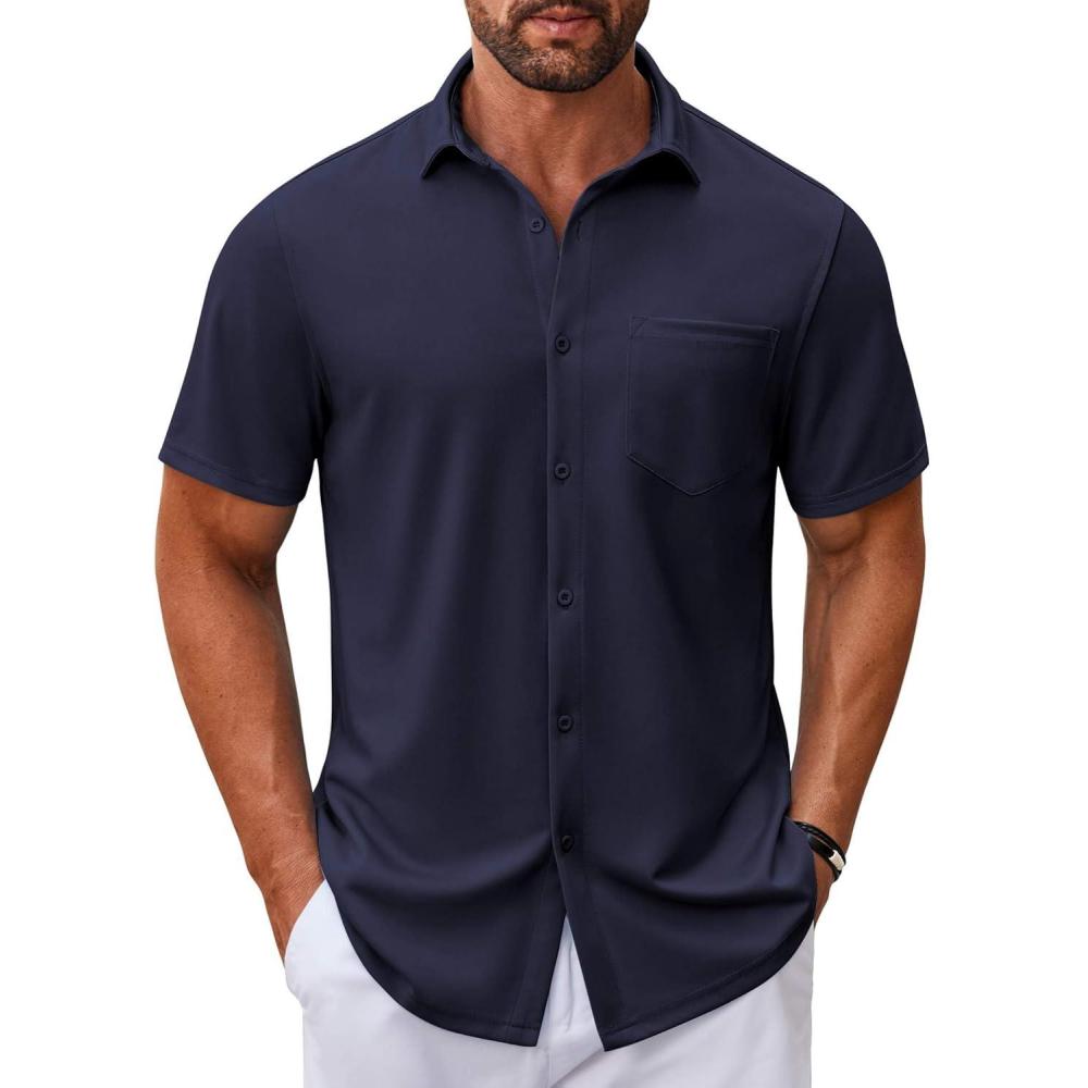 imageCOOFANDY Mens Casual Button Down Shirt Untucked Short Sleeve Strech Wrinkle Free Dress ShirtsNavy Blue