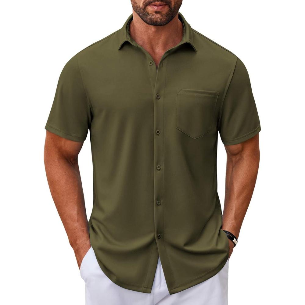 imageCOOFANDY Mens Casual Button Down Shirt Untucked Short Sleeve Strech Wrinkle Free Dress ShirtsOlive Green