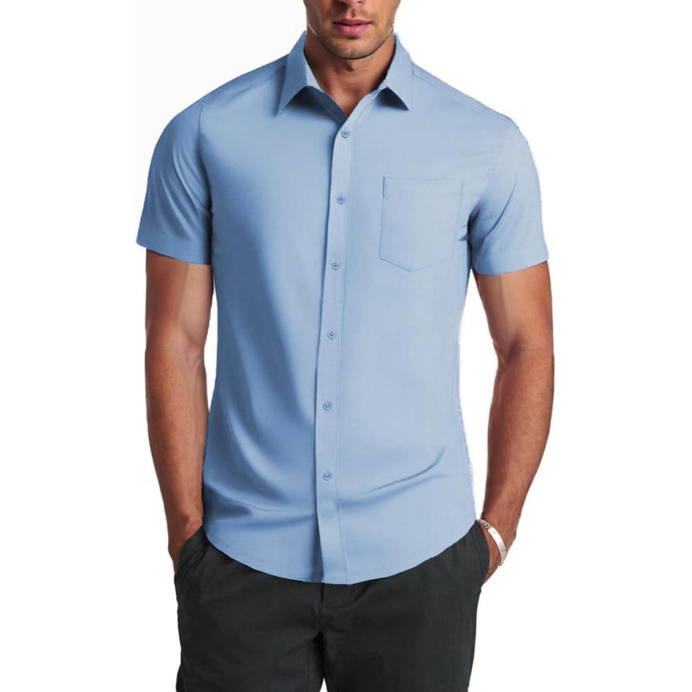 imageCOOFANDY Mens Casual Button Down Shirt Untucked Short Sleeve Strech Wrinkle Free Dress ShirtsSky Blue
