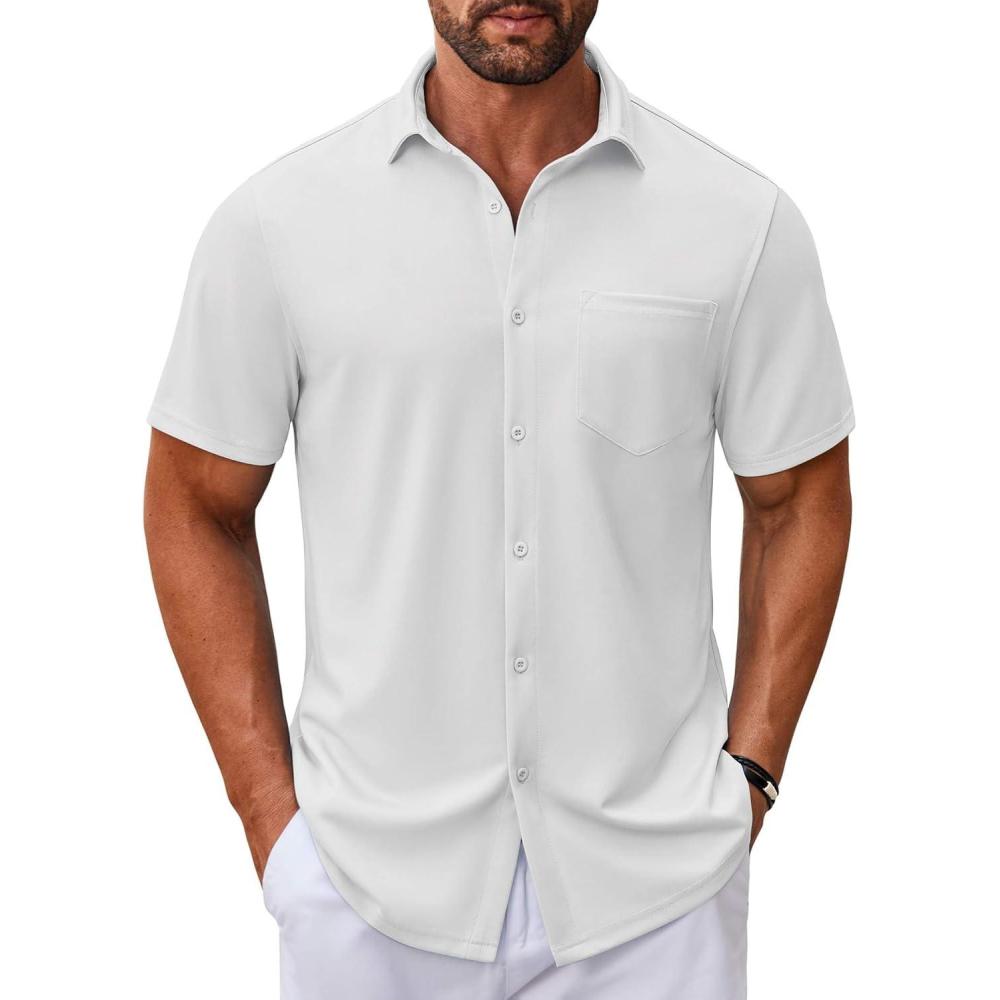 imageCOOFANDY Mens Casual Button Down Shirt Untucked Short Sleeve Strech Wrinkle Free Dress ShirtsWhite