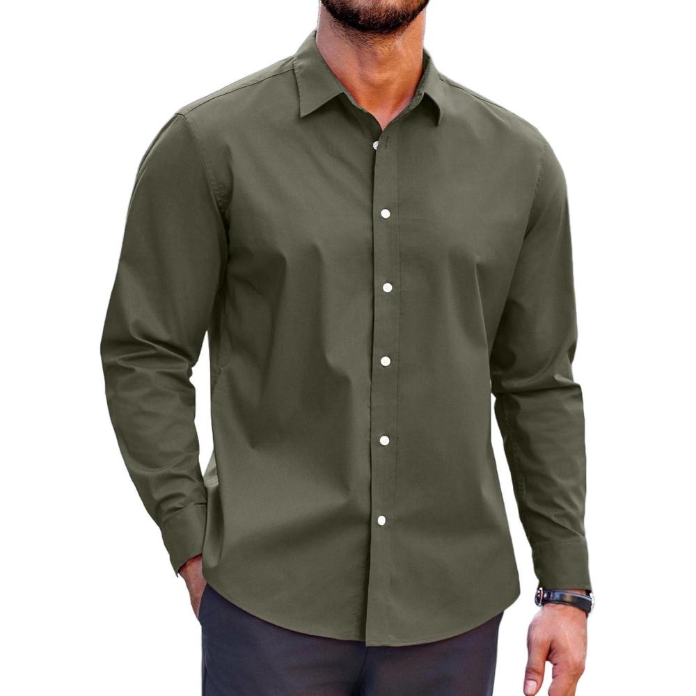 imageCOOFANDY Mens Casual Button Down Shirts Long Sleeve Untucked Shirts for Men Stretch Dress ShirtOlive Green