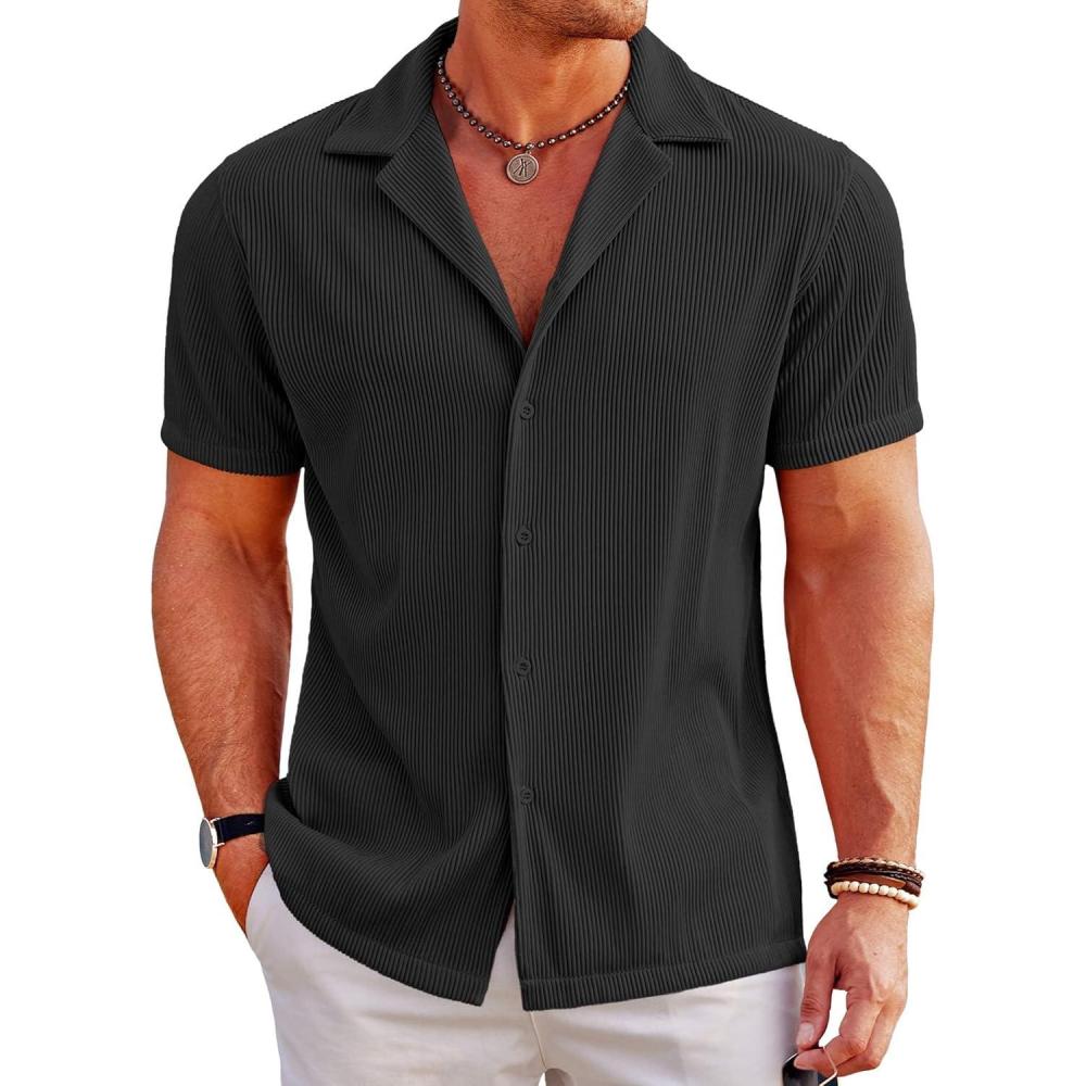 imageCOOFANDY Mens Casual Button Down Shirts Short Sleeve Regular Fit Fashion Camp Beach Shirts TopsBlack
