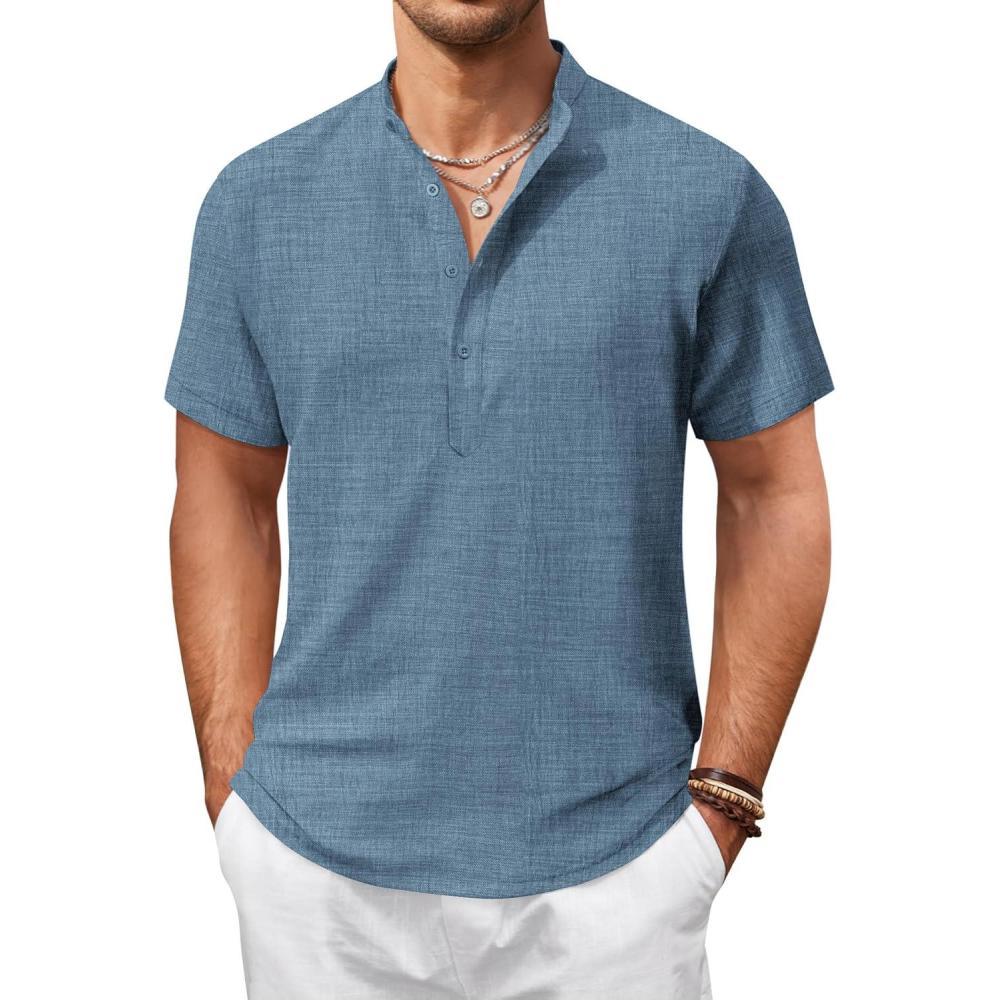 imageCOOFANDY Mens Casual Henley Shirt Short Sleeve Summer Shirts Linen Band Collar Summer Beach Hippie TShirtsDenim Blue