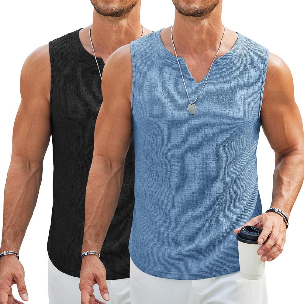 imageCOOFANDY Mens Casual Tank Tops Knit V Neck Sleeveless T Shirts 2 Pack Summer Beach Lightweight Muscle TeeBlackBlue