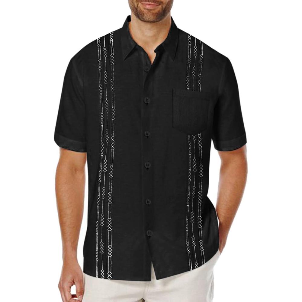 imageCOOFANDY Mens Cuban Guayabera Shirt Short Sleeve Linen Button Down Shirts Casual Summer Beach TopsBlack  Black