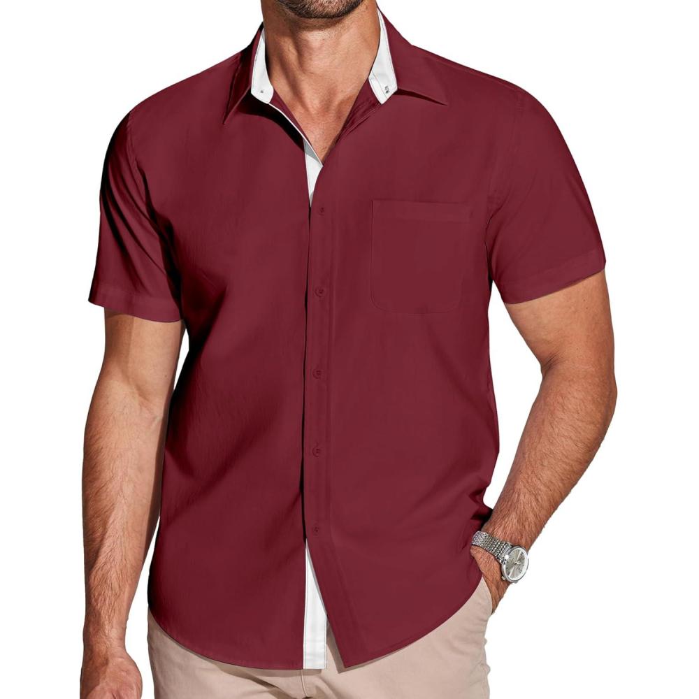 imageCOOFANDY Mens Dress Shirt Wrinkle Free Regular Fit Stretch Short Sleeve Button Down Shirts Wine RedWhite Large