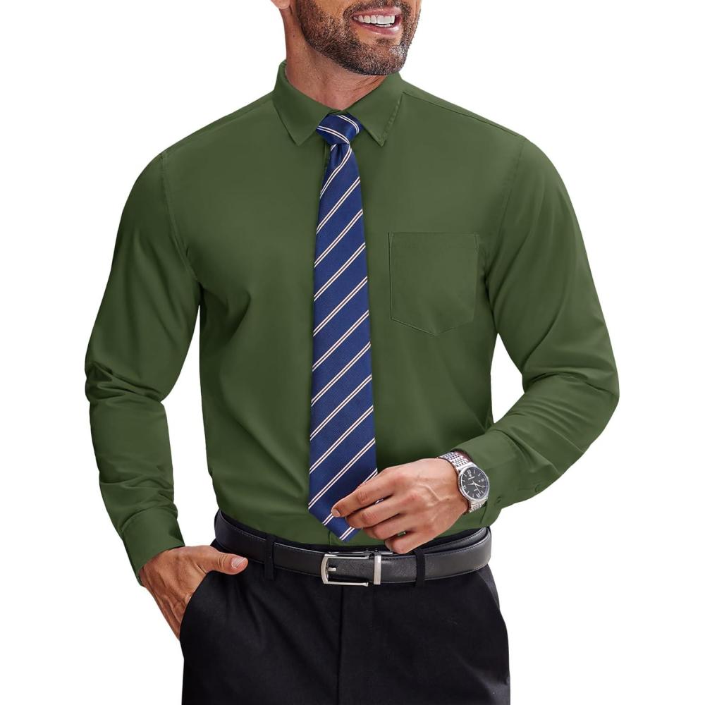 imageCOOFANDY Mens Dress Shirts Long Sleeve Business Shirts Stain Shield Mens Button Down ShirtArmy Green