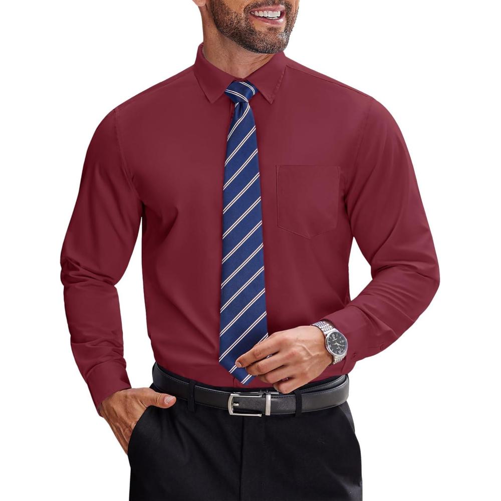 imageCOOFANDY Mens Dress Shirts Long Sleeve Business Shirts Stain Shield Mens Button Down ShirtRed