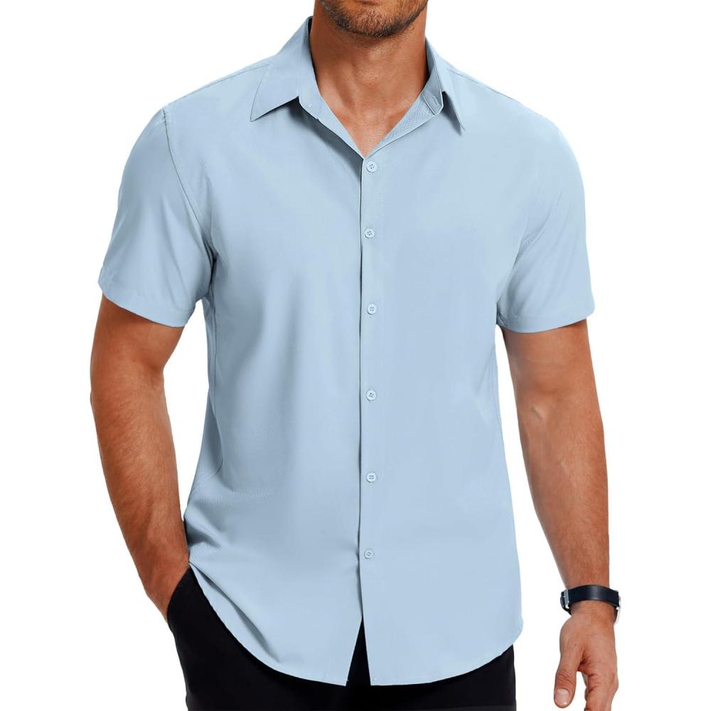 imageCOOFANDY Mens Dress Shirts Short Sleeve Button Down Shirt Business Casual Wrinkle Free Summer ShirtsLight Blue